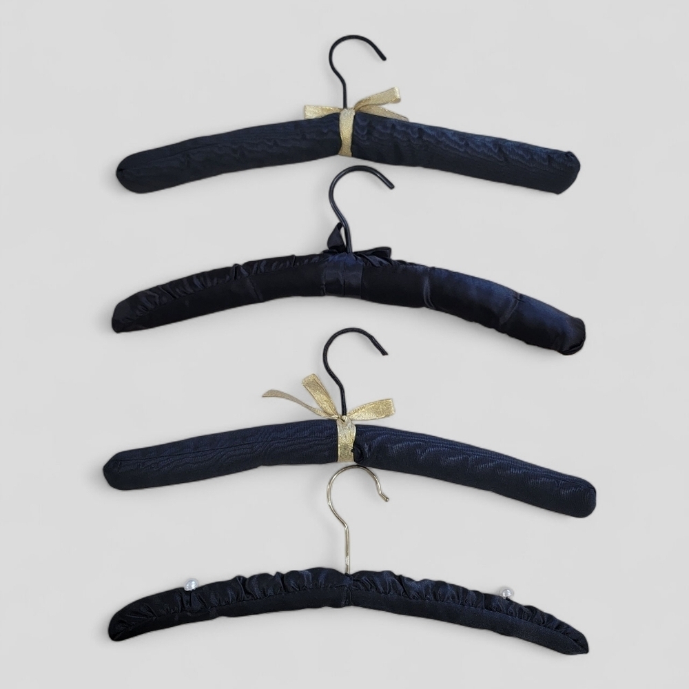 Set of Vintage Black Satin Padded Hangers with Gold And Pearl Accents